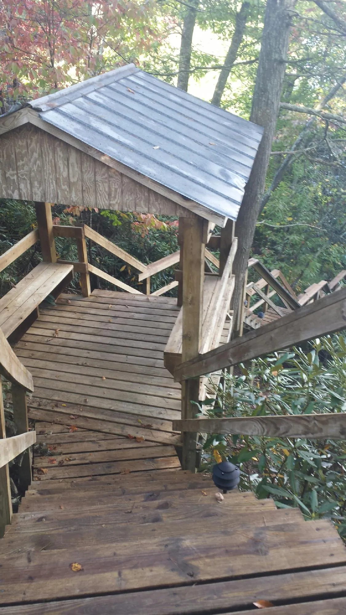 Metal roofed shelter over wooden steps on a wooded walkway — Skylight Repair & Installation work by our crew in Richmond